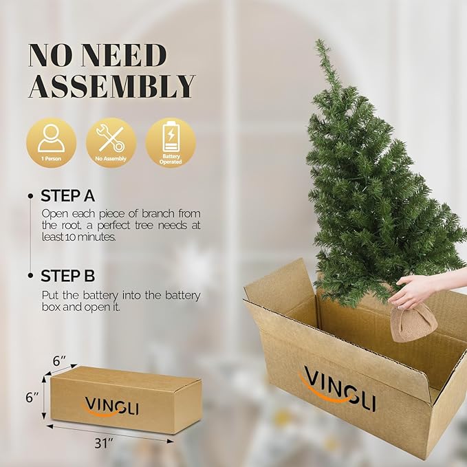 VINGLI 3ft Pre-lit Artificial Christmas Tree, Mini Tabletop Xmas Tree with 150 Branches Tips for Christmas Party Home Indoor Decoration (Battery Operated)