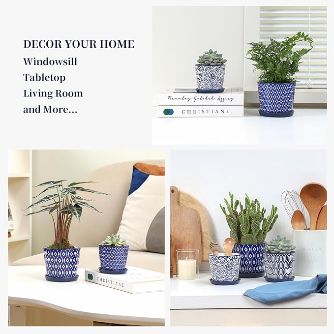 Selamica Ceramic Succulent Pots, 3.4 Inch Small Pots for Plants with Drainage Holes and Saucers, Succulent Planters for Indoor Plants, Cactus, Home Decor, Set of 4, Vintage Blue