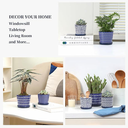 Selamica Ceramic Succulent Pots, 3.4 Inch Small Pots for Plants with Drainage Holes and Saucers, Succulent Planters for Indoor Plants, Cactus, Home Decor, Set of 4, Vintage Blue