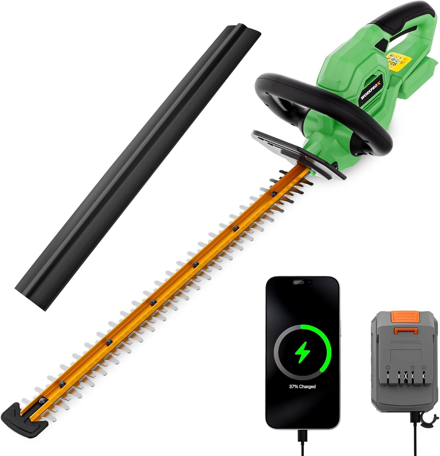 WORKPROX 20V Cordless Hedge Trimmer, Electric Bush Shrub Trimmer, 22" Dual-Action Blade and 3/4" Cutting Capacity with Safety Lock, Great for Garden, Yard, 2.0Ah Battery & Charging Cable Included