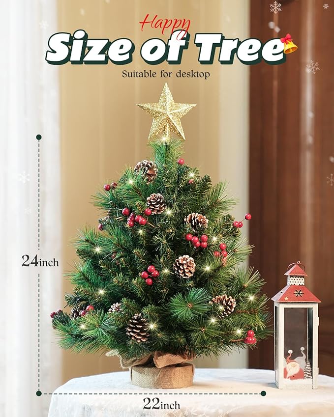 2ft Tabletop Pre-lit Christmas Tree with Star Treetop, Clear LED Lights, Artificial Xmas with Burlap Base for Table Desk Home Decor