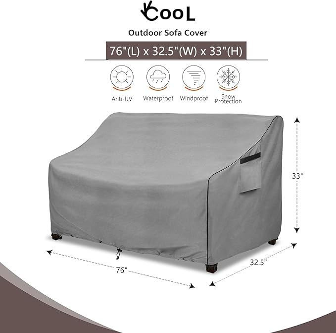 okcool Heavy Duty Patio Sofa Cover, 100% Waterproof 3-Seater Outdoor Sofa Cover Fits up to 76W x 32.5D x 33H Inches, Lawn Patio Furniture Covers,Grey