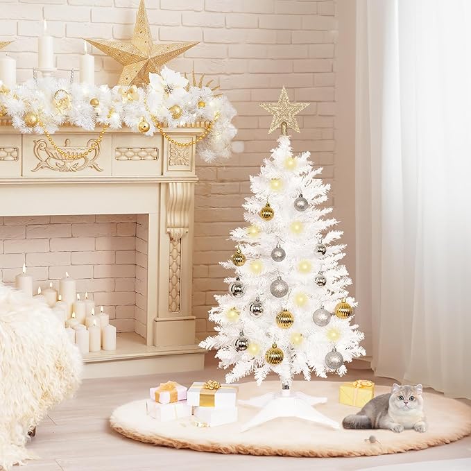 Sunshine White Christmas Tree with Light 3ft Artifical Full Christmas Tree with Ball & Star Ornaments 8 Lighting Modes for Holiday Decor