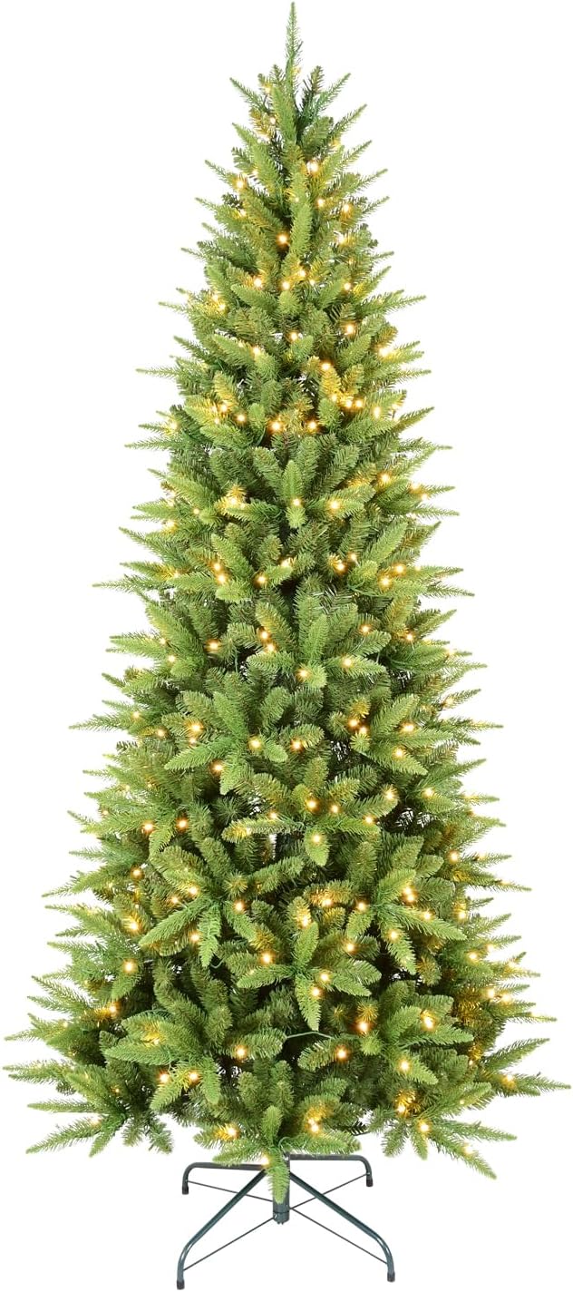 7ft Skinny Christmas Tree with 400 Warm White Lights, Premium Pre Lit Slim Artifical Christmas Tree with 1180 Branch Tips, Memory Wire Hinge Narrow Xmas Trees with Foldable Metal Stand for Holiday