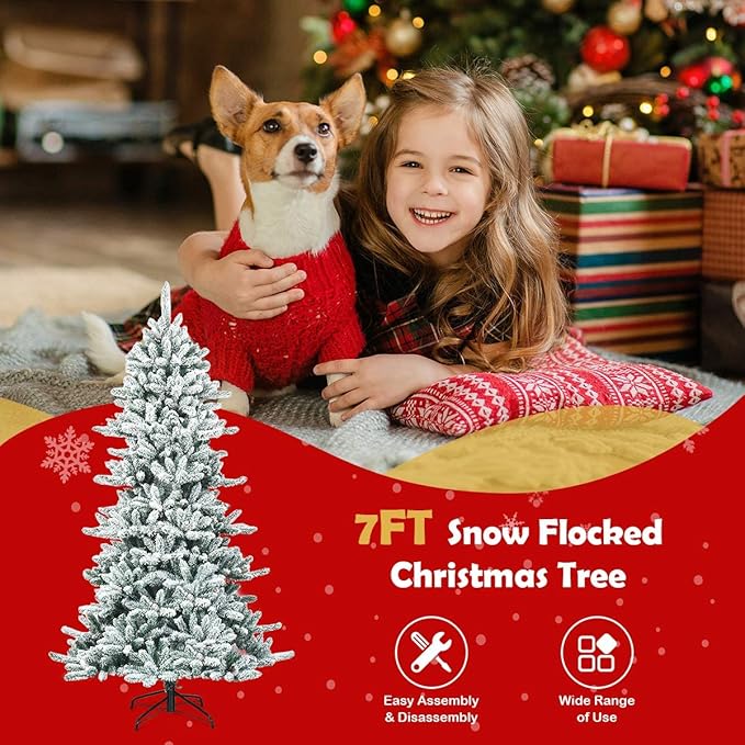 Happygrill 7ft Hinged Artificial Pine Cones Christmas Tree with 1108 Branch Tips, Heavily Snow Flocked Leaves, Metal Stand