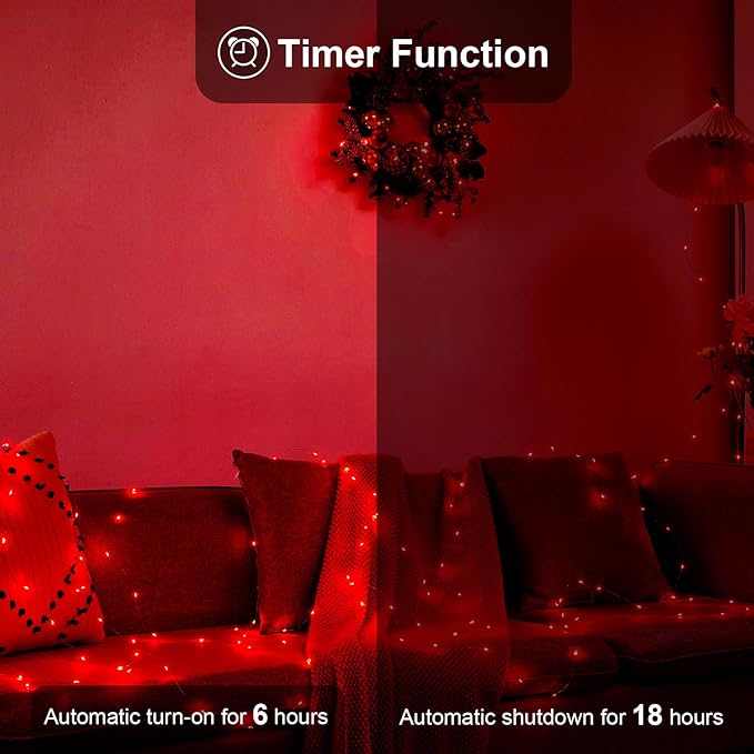 2 Pack 16.4ft Battery Operated String Lights with Timer, Red with Synchronized Twinkle Mode, Fairy Lights Battery Powered, 50 LEDs, Idea for Christmas Bedroom Party Wedding