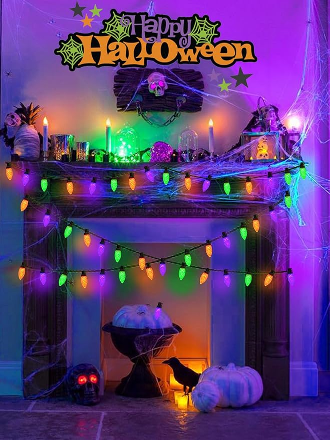 2-Pack C9 Halloween String Lights Plug in, 66 FT 100 LED Halloween Lights Connectable with 8 Modes & Timer, Waterproof Fairy Twinkle Light Indoor Outdoor for Tree Yard Decor (Orange Purple and Green)