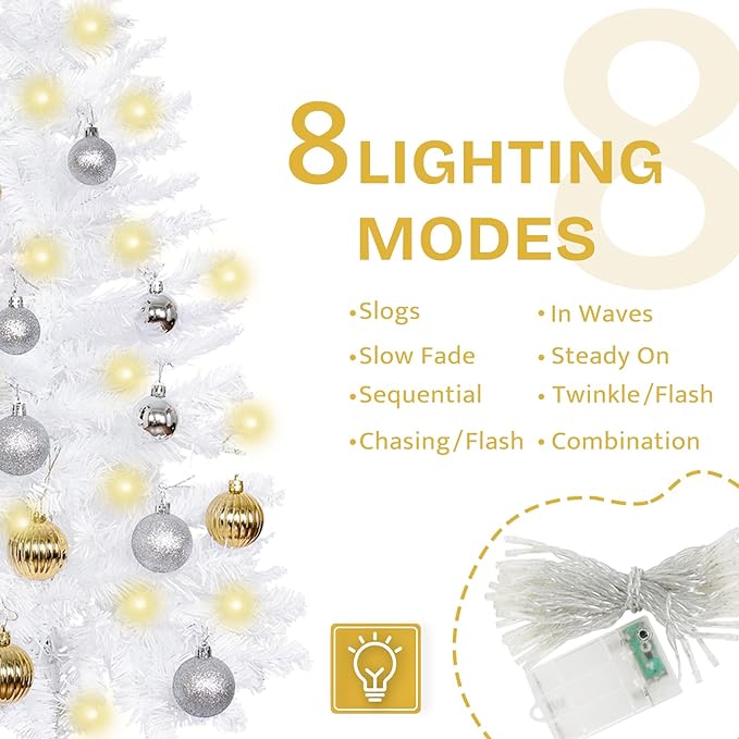 Sunshine White Christmas Tree with Light 3ft Artifical Full Christmas Tree with Ball & Star Ornaments 8 Lighting Modes for Holiday Decor