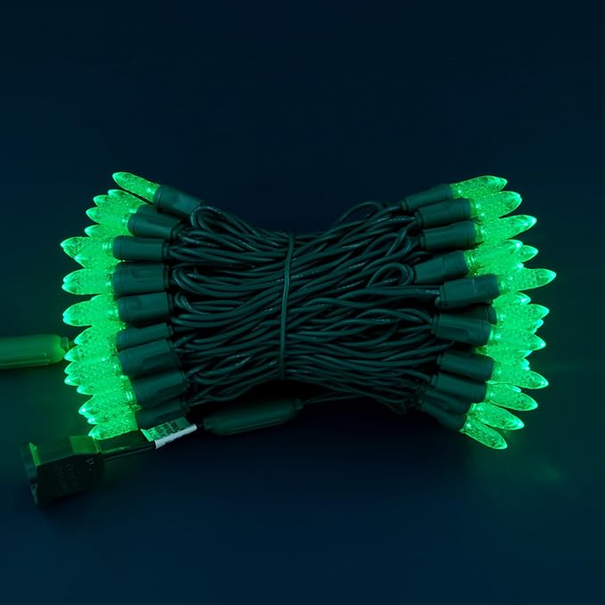 100 Green Faceted One-Piece LED Christmas Lights, 33 ft Green Cord High Waterproof UL Certified M6 Outdoor String Lights