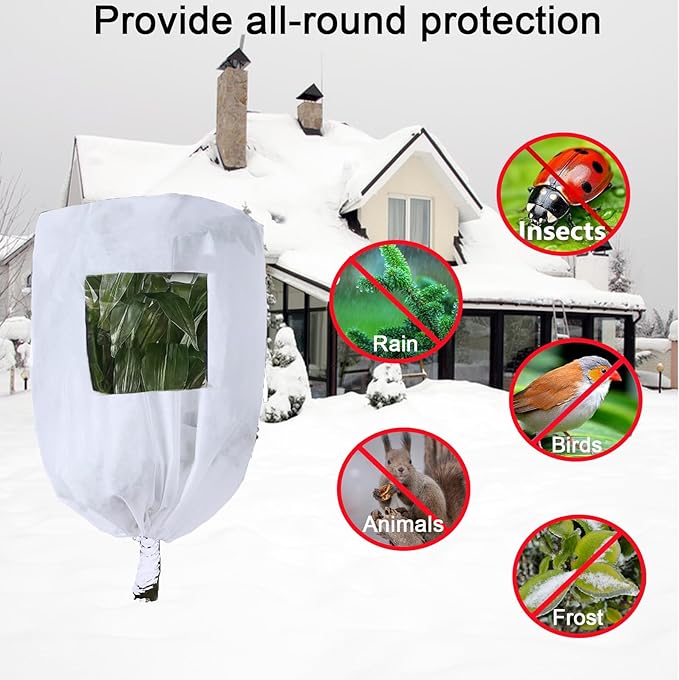 CMINGJ Plant Frost Protection Covers with Viewing Window, 39.37" x 39.37", 4 Pack, Reusable Drawstring Tree Cover, Winter Tree Blanket with Zipper for Outdoor Plants, Frost Protection Cloths (4 Pack)