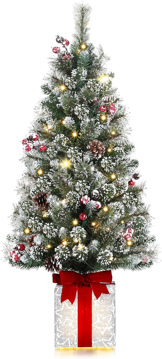Brightever 4FT Christmas Tree with Warm White LED Lights, Pre-lit Artificial Small Xmas Tree with Gift Box Base & Ornaments, Plug in Outdoor Xmas Trees for Porch, Tabletop, Desk, Green, Easy to Setup