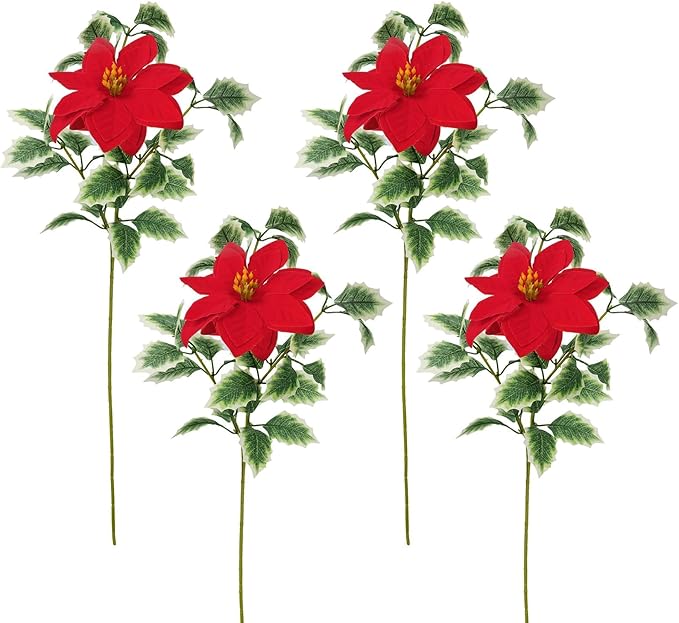 HUAESIN 4pcs Poinsettia Flowers Artificial Christmas Cemetery Flowers with Holly Leaves Faux Red Velvet Poinsettia Indoor Outdoor Long Stem Floal Arrangment for Crafts Vase Table Home Decor