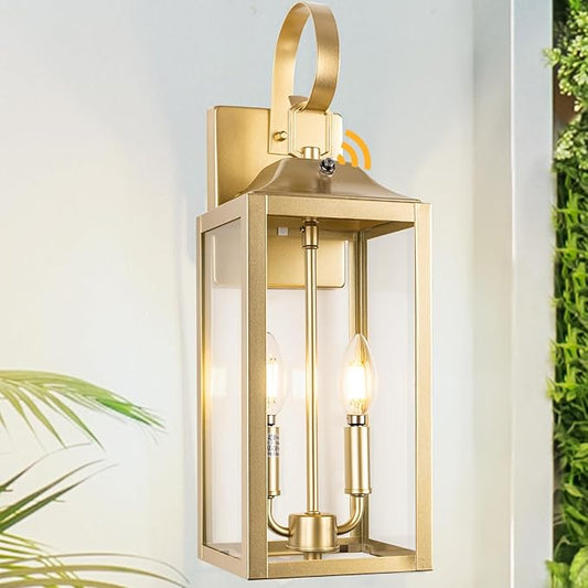 Gold Dusk to Dawn Outdoor Wall Lantern 2-Light, 19" Large Modern Wall Sconce Light Fixture, Industrial Porch Light, Waterproof Farmhouse Exterior Lamp Lighting