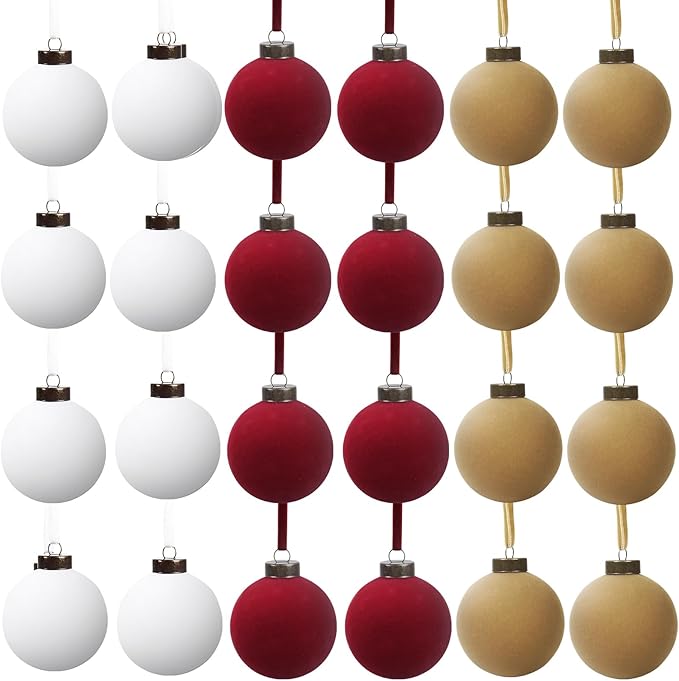 24 Pcs Velvet Christmas Balls Bulk Shatterproof Plastic Christmas Tree Decorations for Decorative Hanging Baubles (24, White、Wine red、Khaki, 2.36Inch)