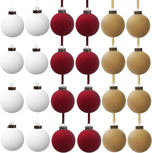 24 Pcs Velvet Christmas Balls Bulk Shatterproof Plastic Christmas Tree Decorations for Decorative Hanging Baubles (24, White、Wine red、Khaki, 2.36Inch)