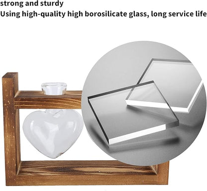Plant Terrarium with Wooden Stand,Heart Shaped Transparent Glass Vase Flower Pot Hydroponics Plant Propagation Station for Hydroponics Plants Home Office Decor (Retro Box + 2