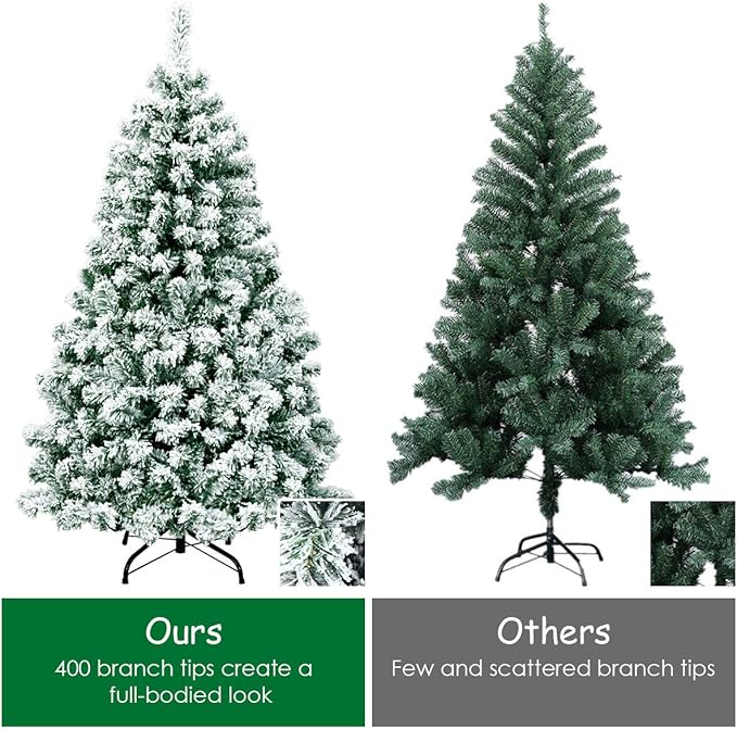 Happygrill 4.5FT Pre-lit Artificial Hinged Christmas Pine Tree Snow Flocked Christmas Tree with Solid Metal Stand Flexible Branches Traditional Festival Decoration Tree