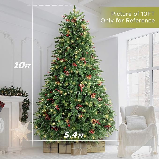 10FT Prelit Christmas Tree Tall, Artificial Christmas Tree Pre-Decorated with Pinecones and Berries (1000 Clear Warm Lights and Realistic 3200 Thicken Tips, Sturdy Metal Base)