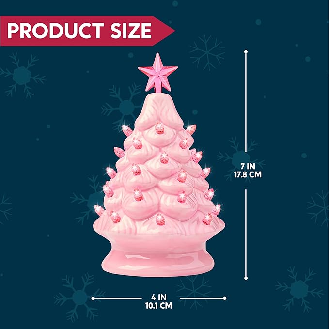 Joiedomi 7" Pink Ceramic Christmas Tree, Mini Prelit Tabletop Christmas Ceramic Tree with Extra Clear Top Star & Bulbs for Holiday Decoration Small Xmas Holiday Best Desk Tabletop Decoration (Pink)