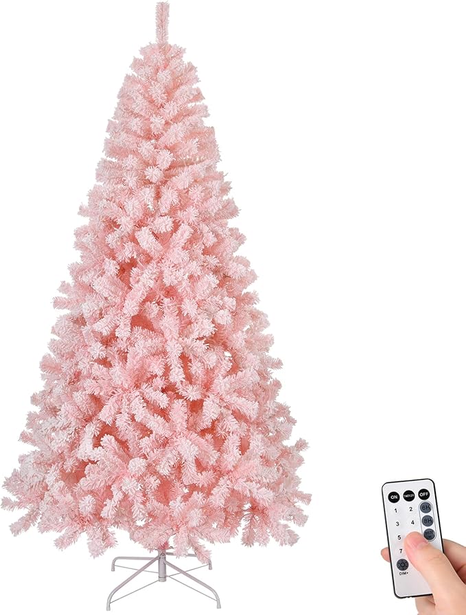VINGLI 7ft Pink Artificial Christmas Pine Tree with 400 Warm LED Lights, Pre-Lit Flocked Xmas Tree with 1000 Full Branch Tips, Sturdy Metal Stand, 8 Color Modes for Holiday & Party Decorations