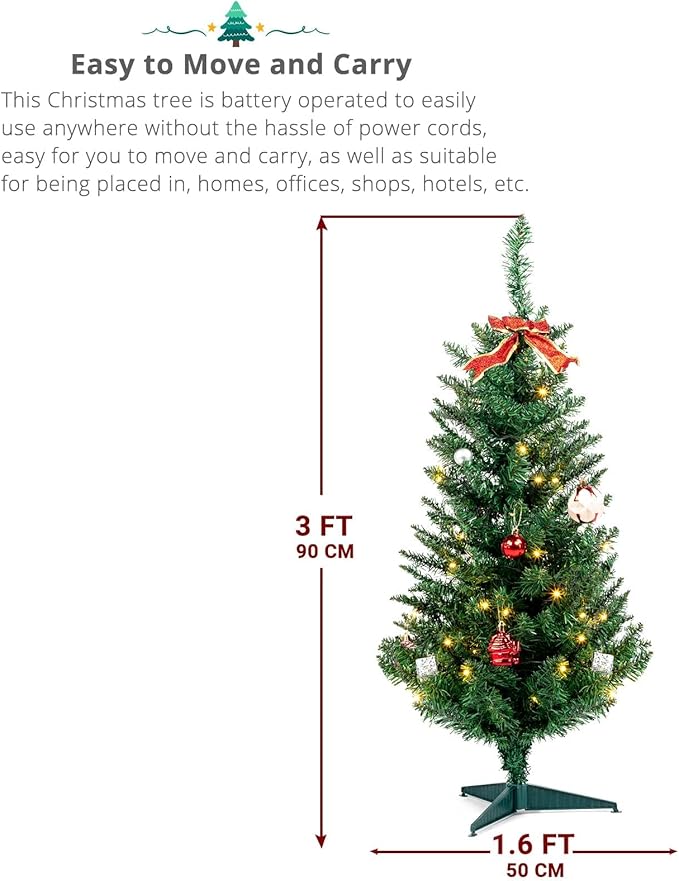 3FT Green Christmas Tree with Santa Claus Decoration, Pre-Lit Artificial Mini Christmas Tree with 30 Warm White Lights, Skinny Xmas Tree Include 129 Branches, Metal Stand, for Indoor Outdoor Decor