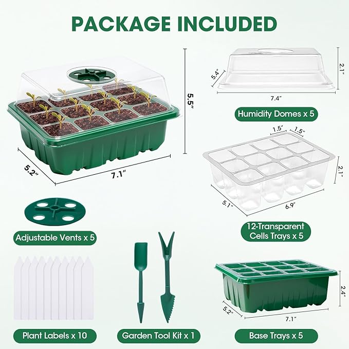 5 Packs Seed Starter Tray with Humidity Dome, Seed Starter Kit with Transparent Drain Hole Base Indoor Greenhouse Mini Propagator for Seeds Growing Starting(60 Cell Trays, Green)