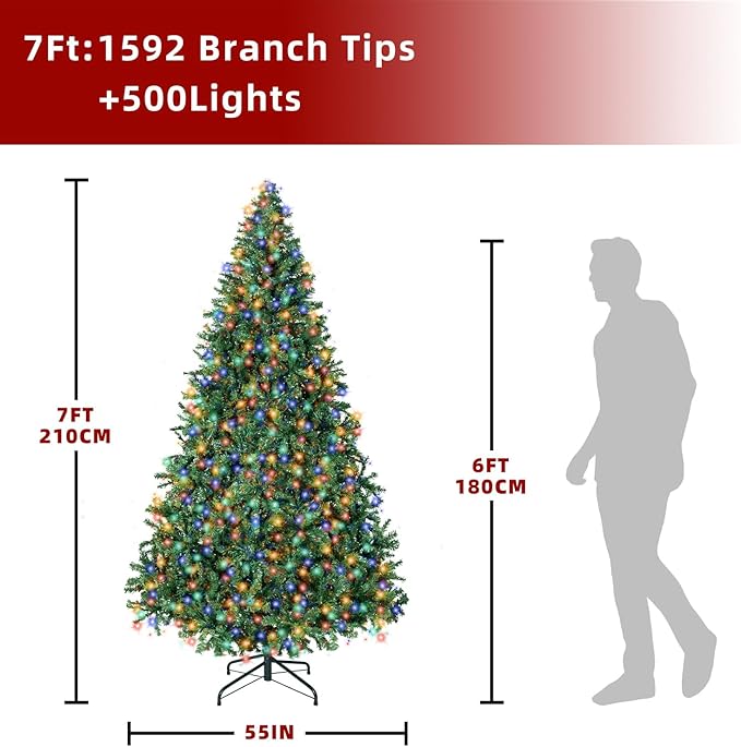 ININ 7FT Prelit Christmas Spruce Artificial Tree with Led Lights, Lighted Christmas Tree,Hinged Full Xmas Tree for Home Party Decoration,500 LED Lights,1592 Branch Tips, Metal Hinges & Foldable Base.