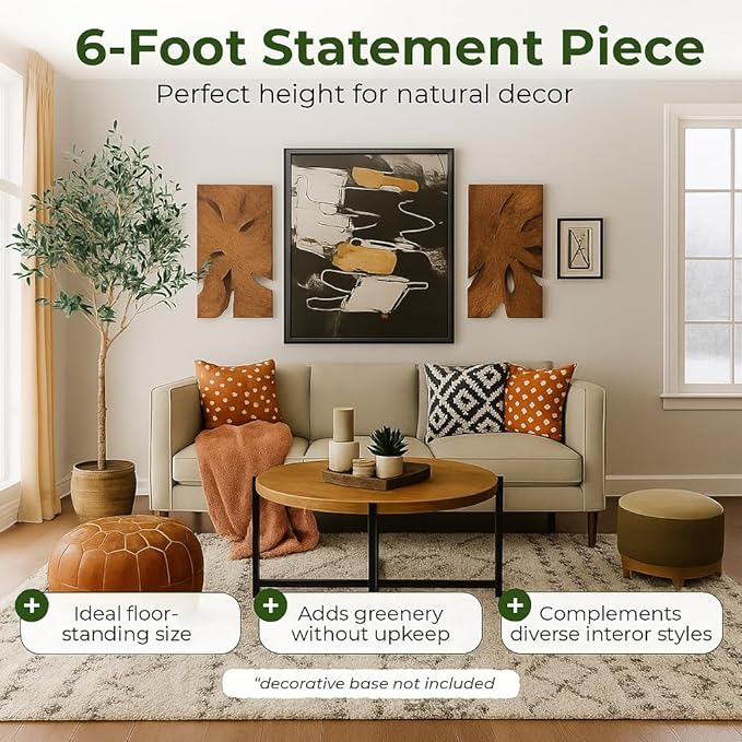 Artificial Olive Tree - 6ft Realistic Artificial Plants Indoor Decor - Elegant Faux Olive Tree for Living Room, Bedroom, Bathroom, Office - Tall Fake Potted Plants with Moss Base for Chic Home Décor