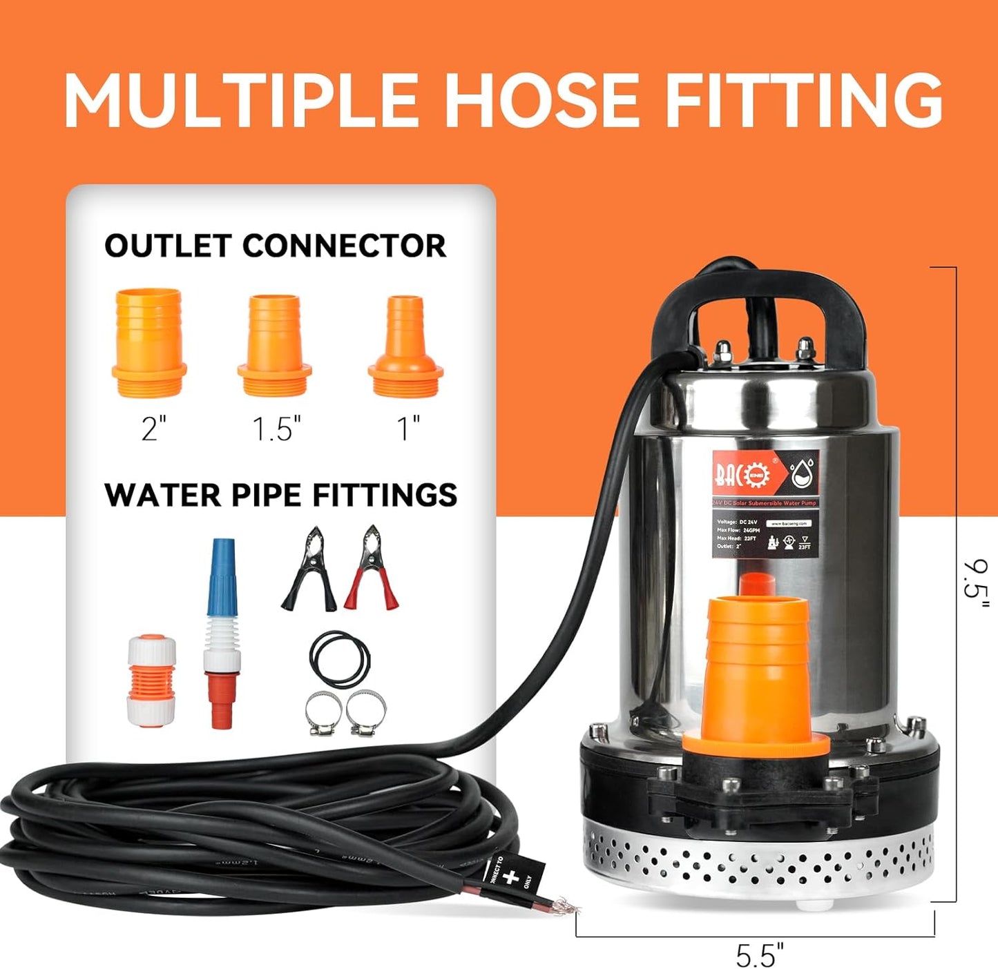 BACOENG DC 24V Solar Water Pump, Submersible Well Pump 23FT, 24GPM Lift for Farm & Ranch