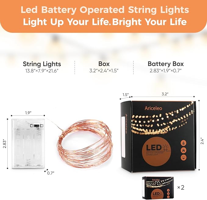 2 Pack 16.4ft Battery Operated String Lights with Timer, Orange with Synchronized Twinkle Mode, Fairy Lights Battery Powered, 50 LEDs, Idea for Christmas Bedroom Party Wedding