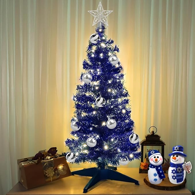 TURNMEON 3 Ft Christmas Hanukkah Tree with Lights Timer 15 DIY Ball Ornament Star Blue Small Tinsel Tree Battery Operated Christmas Artificial 8 Modes Xmas Hanukkah Decorations Home Indoor Holiday