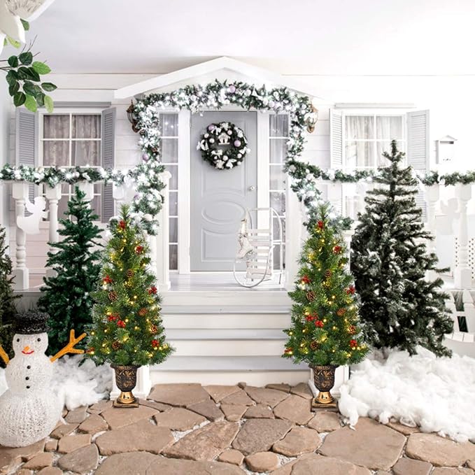 GOFLAME 5ft Prelit Pathway Christmas Tree with 100 LED Lights, Artificial Christmas Tree with Metal Stand, 260 Branch Tips, Pine Cones and Red Berries, Entrance Tree for Indoor and Outdoor Decoration