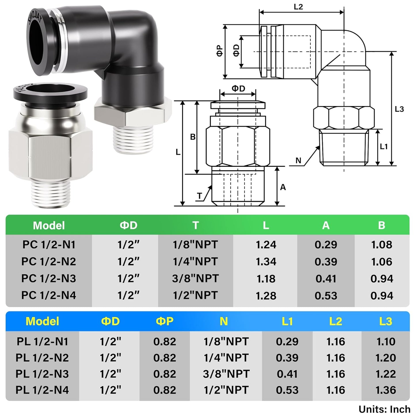 TAILONZ PNEUMATIC Elbow and Straight Combination 1/2 Inch Tube OD x 1/4 Inch NPT Thread Push to Connect Fittings PC-1/2-N2+PL-1/2-N2(Pack of 12)