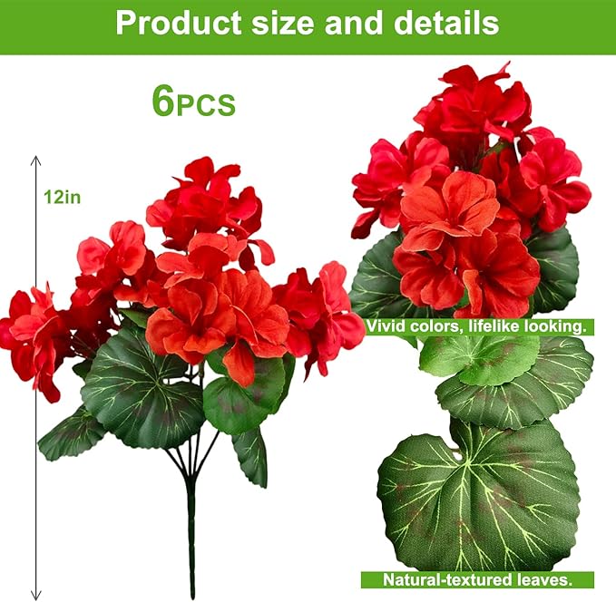 Outdoor UV-Resistant Red Silk Geranium Flowers (6 Bundles) - Realistic Artificial Faux Geranium Plants for Planter, Front Door, Porch, Yard, Patio, Window Box & Home Decor