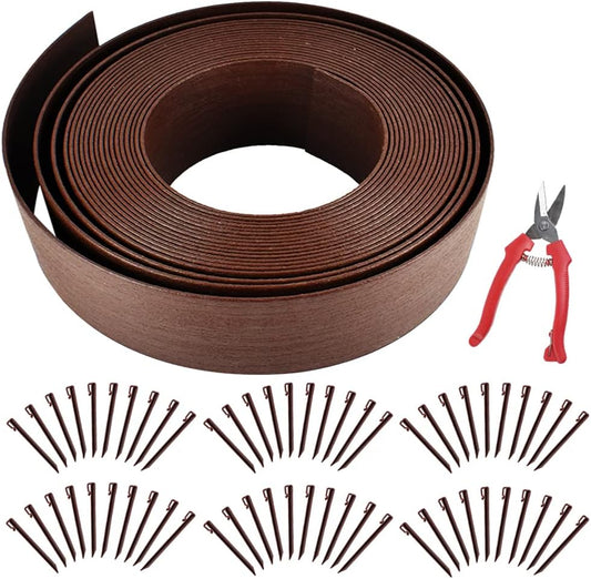 Landscape Edging Kit, Include 4 Inch High 120 Feet Length Terrace Board, 60 Durable Spikes，Professional Edging Pruning Shear, Brown