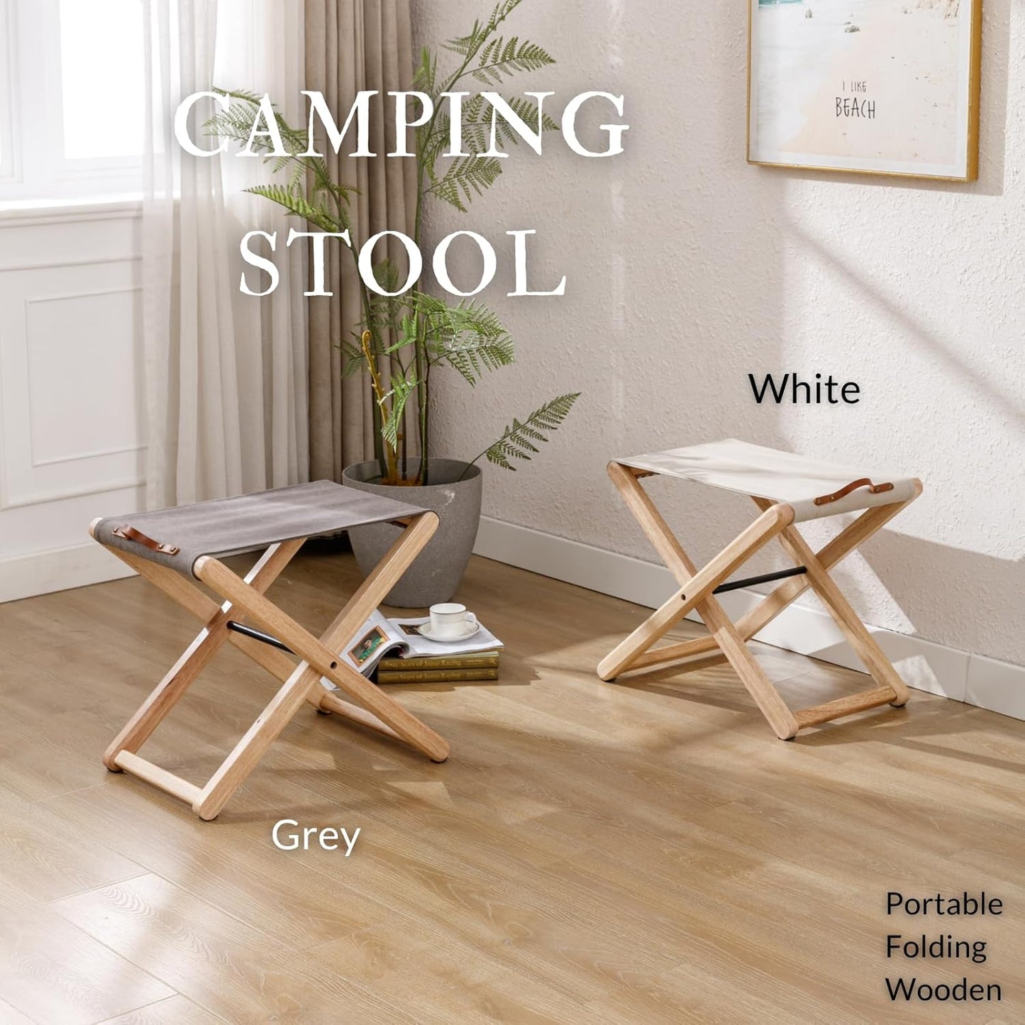 Folding Camping Stools Set of 6, Canvas Folding Stool with Wood Legs Portable Camp Stool Chairs for Outdoor Fishing Picnic Travel BBQ, Beige