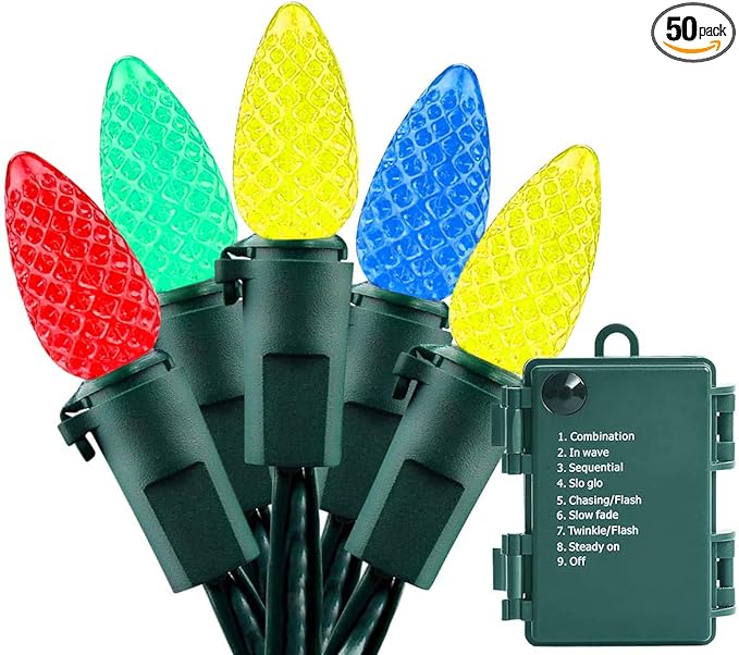 Battery Operated 18ft 50 LED C3 String Lights - Multicolor, Waterproof, Indoor/Outdoor Christmas Tree Wreath Party Decoration