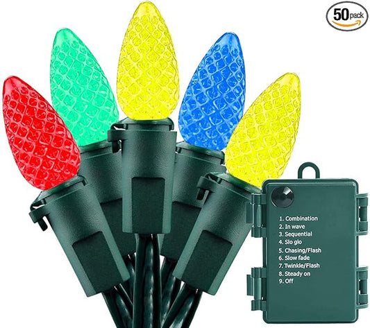 Battery Operated 18ft 50 LED C3 String Lights - Multicolor, Waterproof, Indoor/Outdoor Christmas Tree Wreath Party Decoration