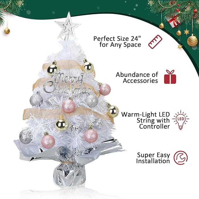Small Mini Table top Christmas Tree with 50 LED Lights 24 Inch /2FT Little Prelit Christmas Tree Decorated Gift Boxes and Hanging Ornaments for DIY Christmas Decoration