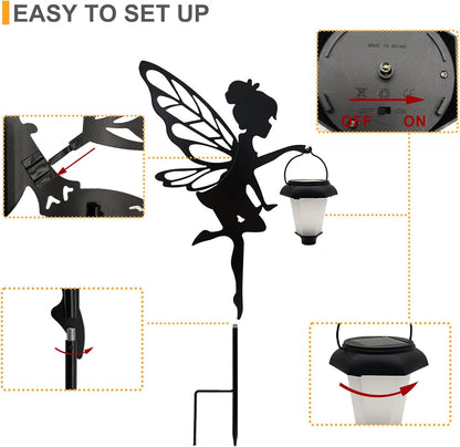 Solar Fairy Garden Stake Decorative Lantern, 2 Pack Metal Fairy Angel Garden Silhouette Lights for Lawn, Pathway, Patio, Yard Outdoor Decor