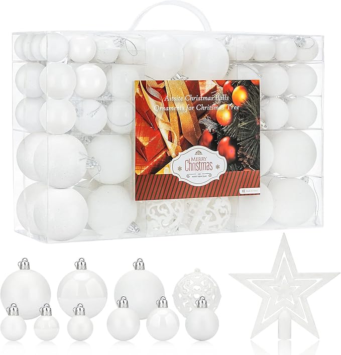 Aitsite 100 Pack Christmas Tree Ornaments Set Mini Shatterproof Holiday Ornaments Balls for Christmas Decorations (White)