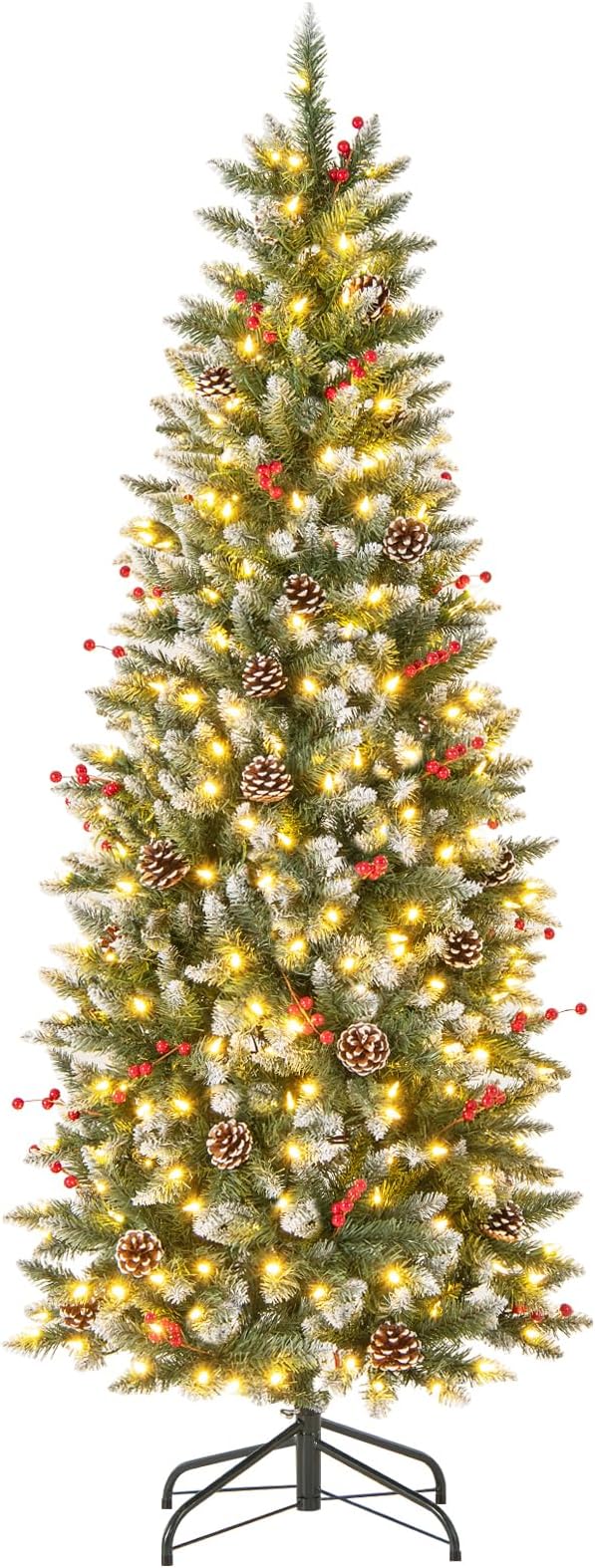 GOFLAME 6FT Pre-Lit Pencil Christmas Tree, Artificial Xmas Tree with 618 Branch Tips, 33 Pine Cones, 32 Clusters of Red Berries & 280 Warm White LED Lights, Holiday Decoration Tree for Home Party