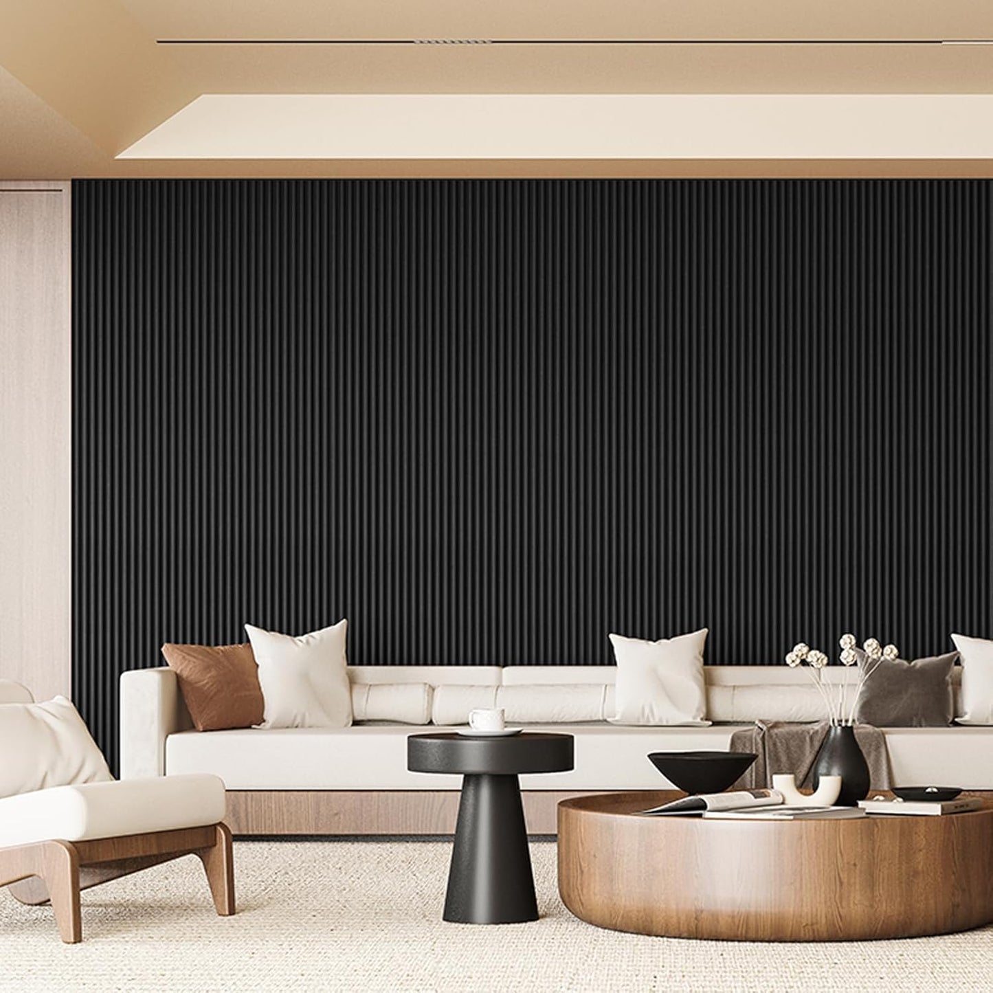 Art3d Fluted Wood Panel for Wall and Ceiling, Beaded Accent molding for Home Decoration, Pack of 4pcs + 1pc End-Trim, Size 108 x 5.7in.- Beaded Black