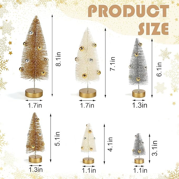 6 Pack Mini Christmas Trees, Small Miniature Frosted Bottle Brush Christmas Tree Decorations Tiny Tabletop Glittered Tree with Bead Ornaments Winter Holiday Décor for Tiered Tray Mantel Assorted Sizes