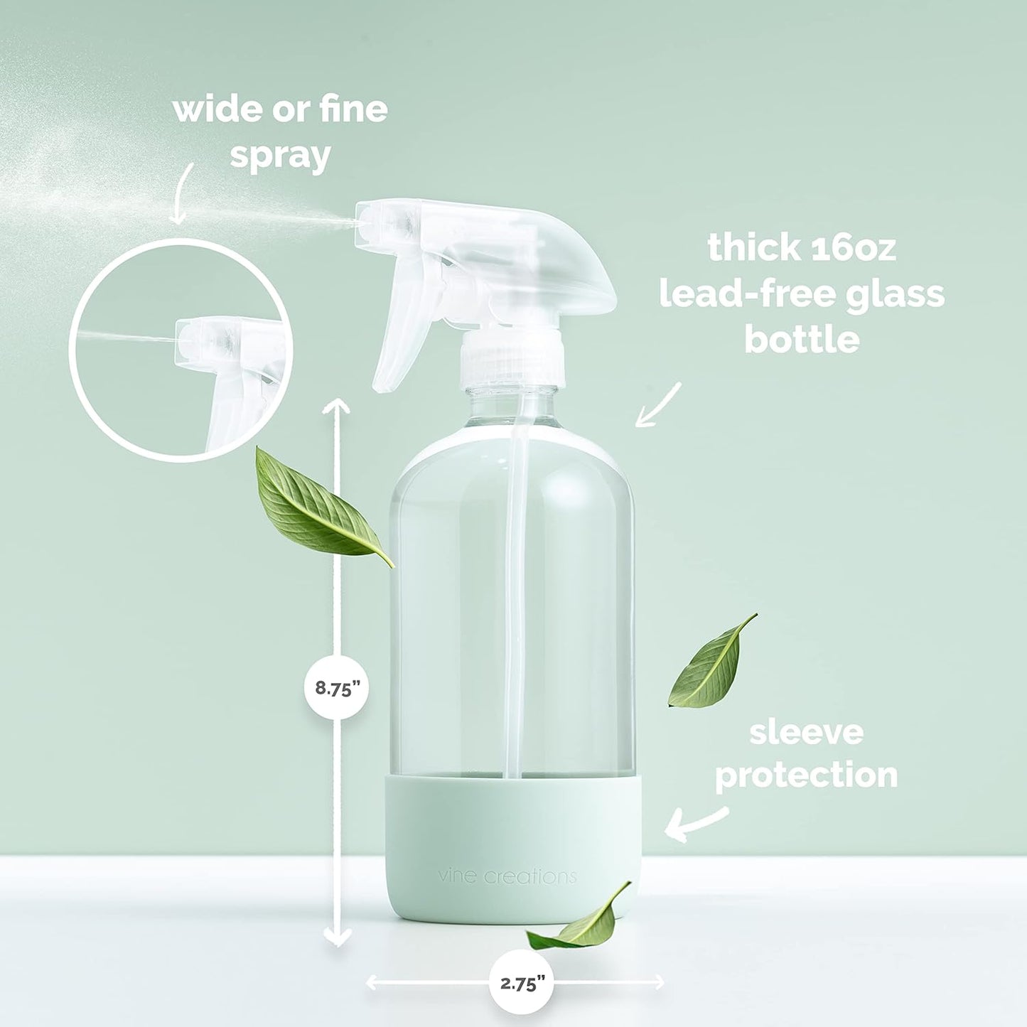 Vine Creations Glass Spray Bottles for Cleaning Solutions, Clear Glass Spray Bottle with Silicone Sleeve, 16 oz Empty Spray Bottles for Cleaning, Plant Spray Bottle, Mist and Stream Nozzle - 2 Pack