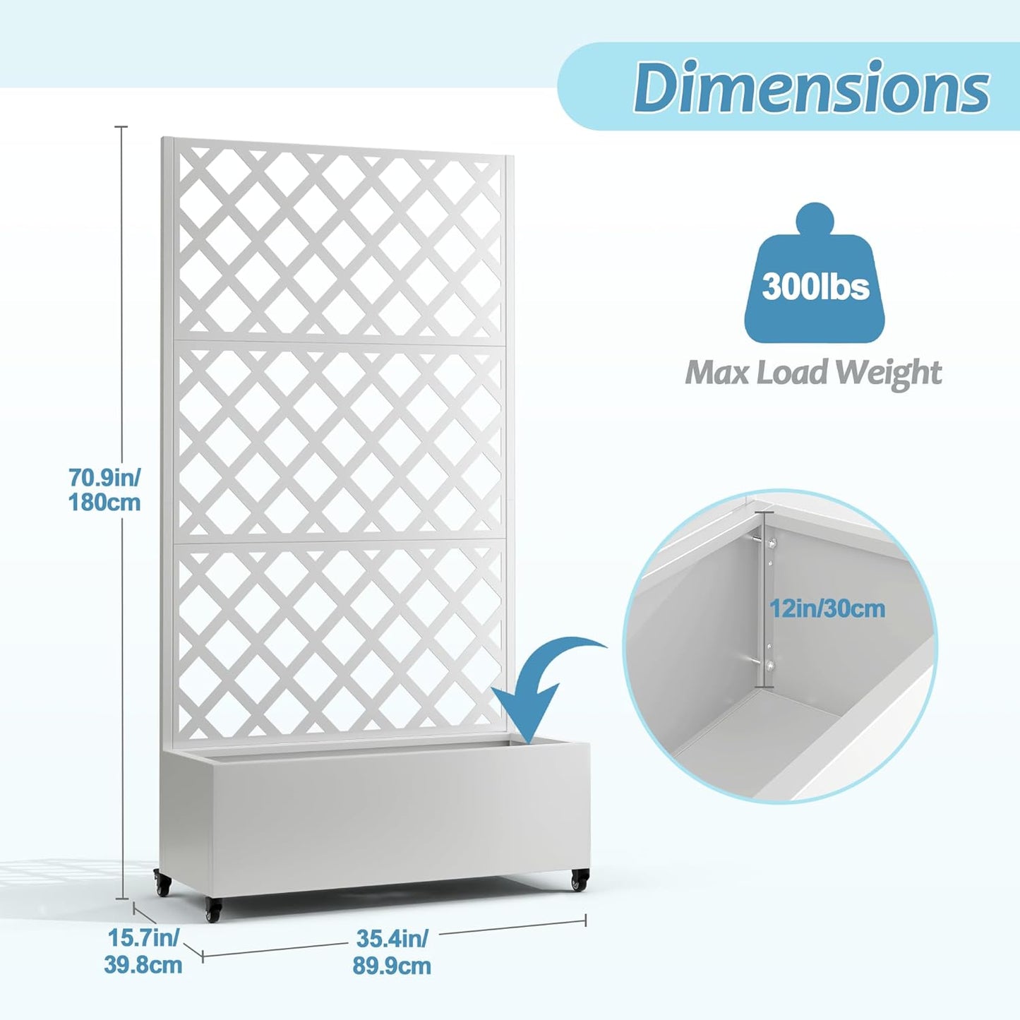 Metal Planter Box with Trellis & Wheels, Raised Garden Bed with Privacy Screen, Outdoor Standing Flower Beds with Drainage Hole for Climbing Plants, Vine, 35.4" L x 15.7" W x 70.9" H, White