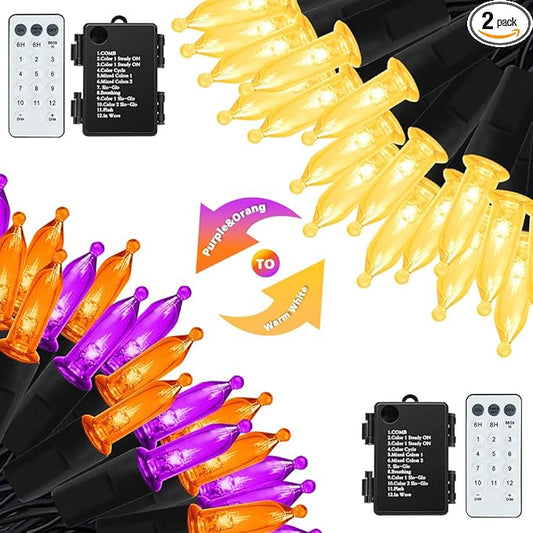 Battery Christmas Lights, 2 Pack 50 LED Dual Color Changing Mini String Light with Remote, 12 Modes 3 Auto-Timer, Waterproof for Outdoor Indoor Decor (Orange Purple & Warm White, 50 LED - 2 PACK)