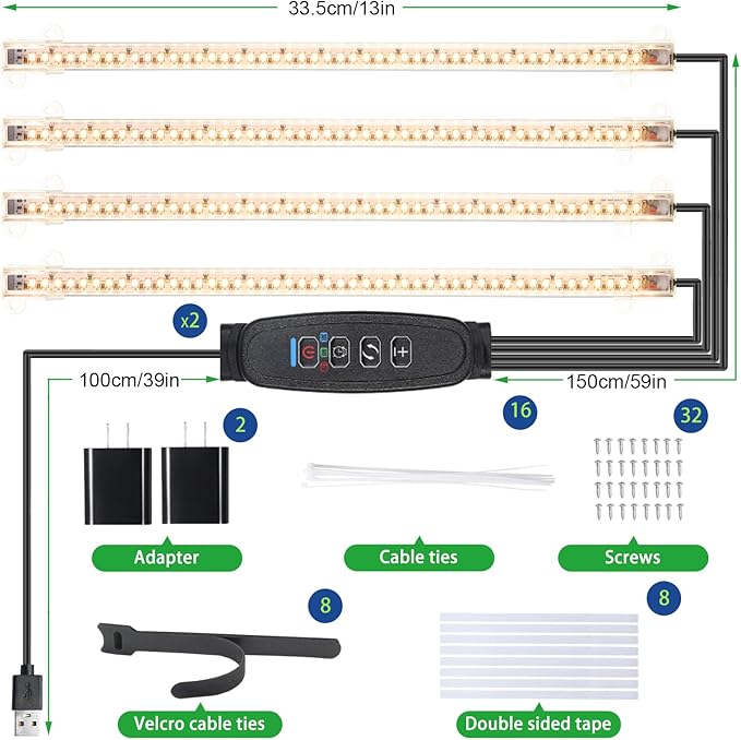 13 Inches Plant Growing lamp Strips, Full Spectrum LED 3500K Grow Light for Indoor Plants with 3/9/12H Timer and 10 Dimmable Levels for Green House Hydroponics Succulent and Shelf，4 Head 2 Pack