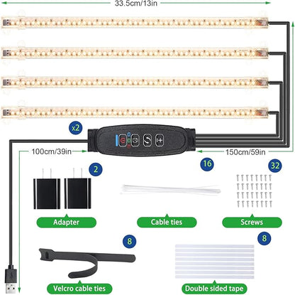 13 Inches Plant Growing lamp Strips, Full Spectrum LED 3500K Grow Light for Indoor Plants with 3/9/12H Timer and 10 Dimmable Levels for Green House Hydroponics Succulent and Shelf，4 Head 2 Pack