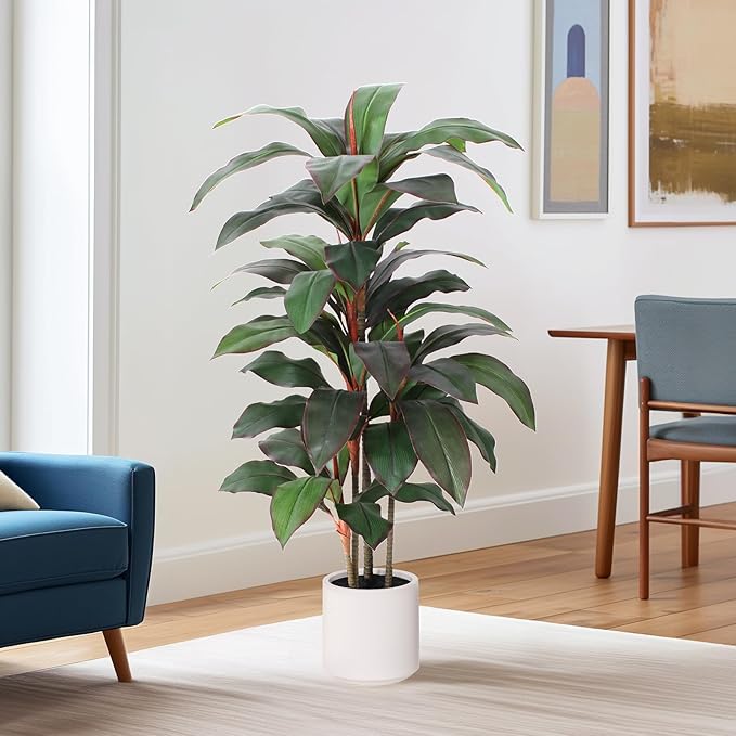 Artificial Dracaena Plant Indoor 4 FT, Fake Tree with White Planter, Faux Yucca Silk Floor Plants Indoor, Artificial Trees for Home Office Decor Indoor Outdoor Housewarming Gift